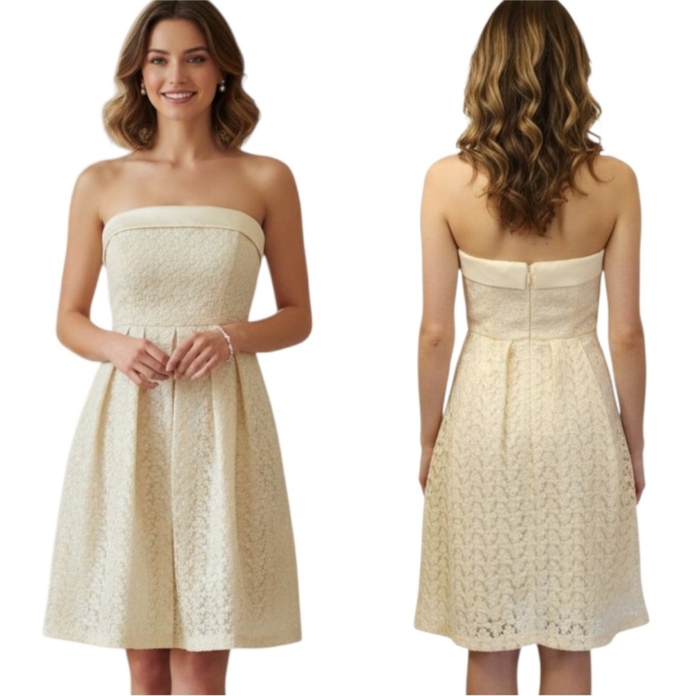 eva mendes / ny company | yellow strapless retro lace fit & flare dress